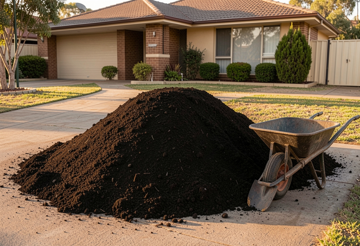 Large pile of bulk topsoil delivered to a Toowoomba driveway with a wheelbarrow