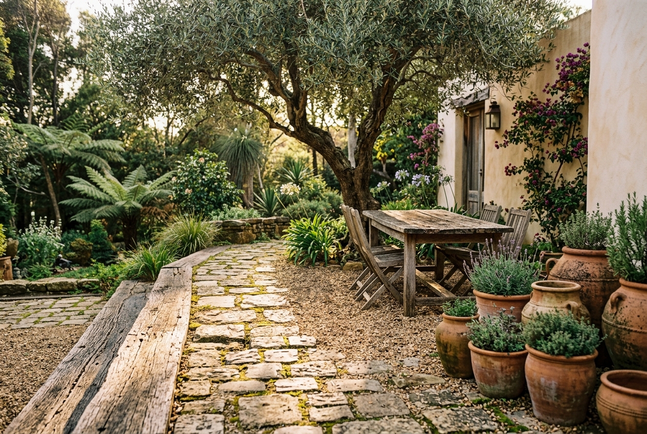 Mediterranean-style courtyard with an olive tree, gravel path and terracotta pots