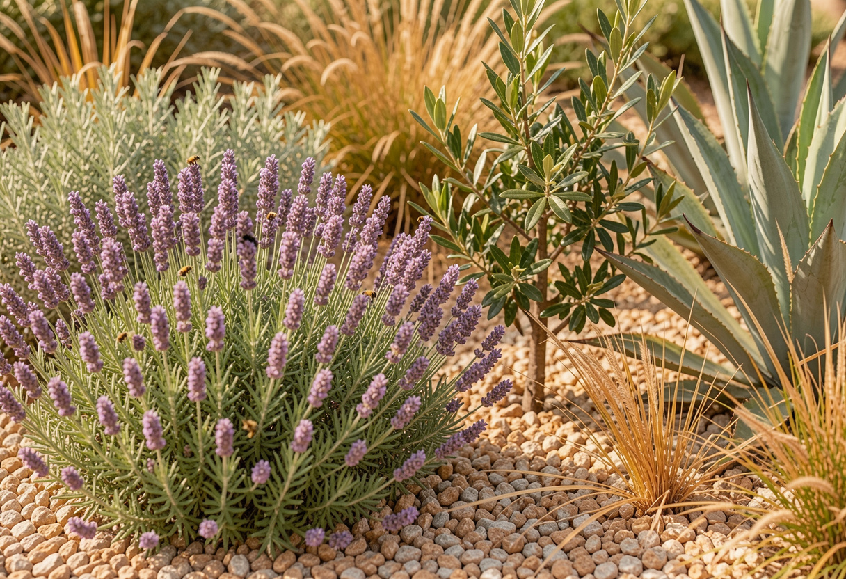 Lavender, a young olive tree and agave planted in gravel