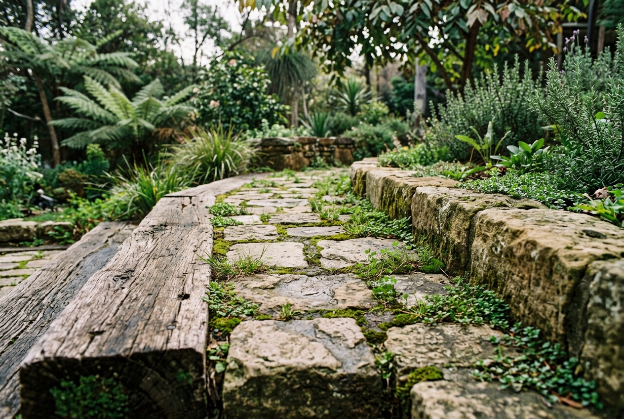 Natural stone path with a reclaimed timber sleeper edge and herb planting