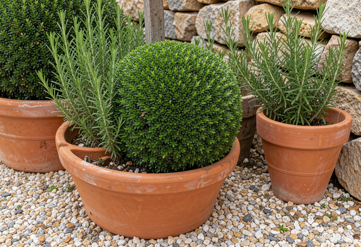 Terracotta pots with clipped rosemary and box against a stacked stone wall