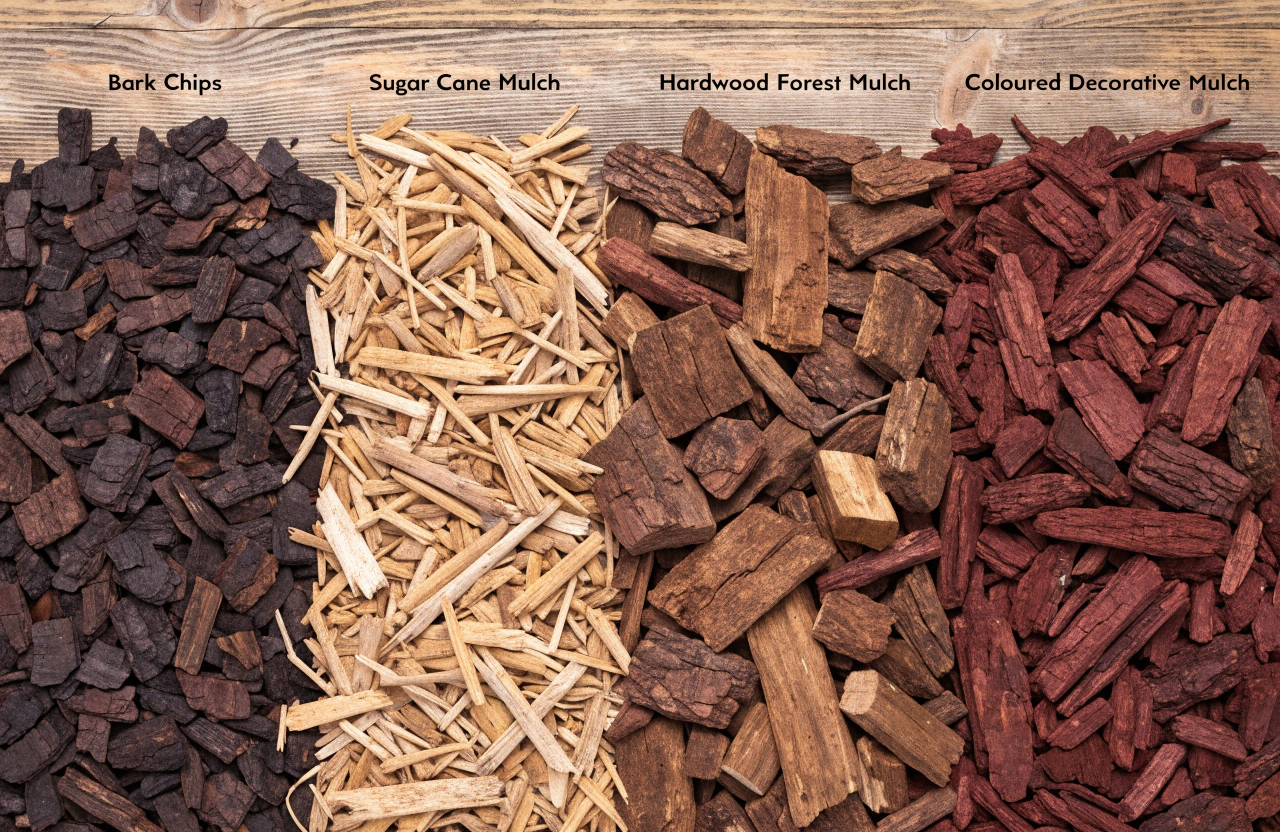 Side-by-side comparison of bark chips, sugar cane, hardwood forest and coloured decorative mulch