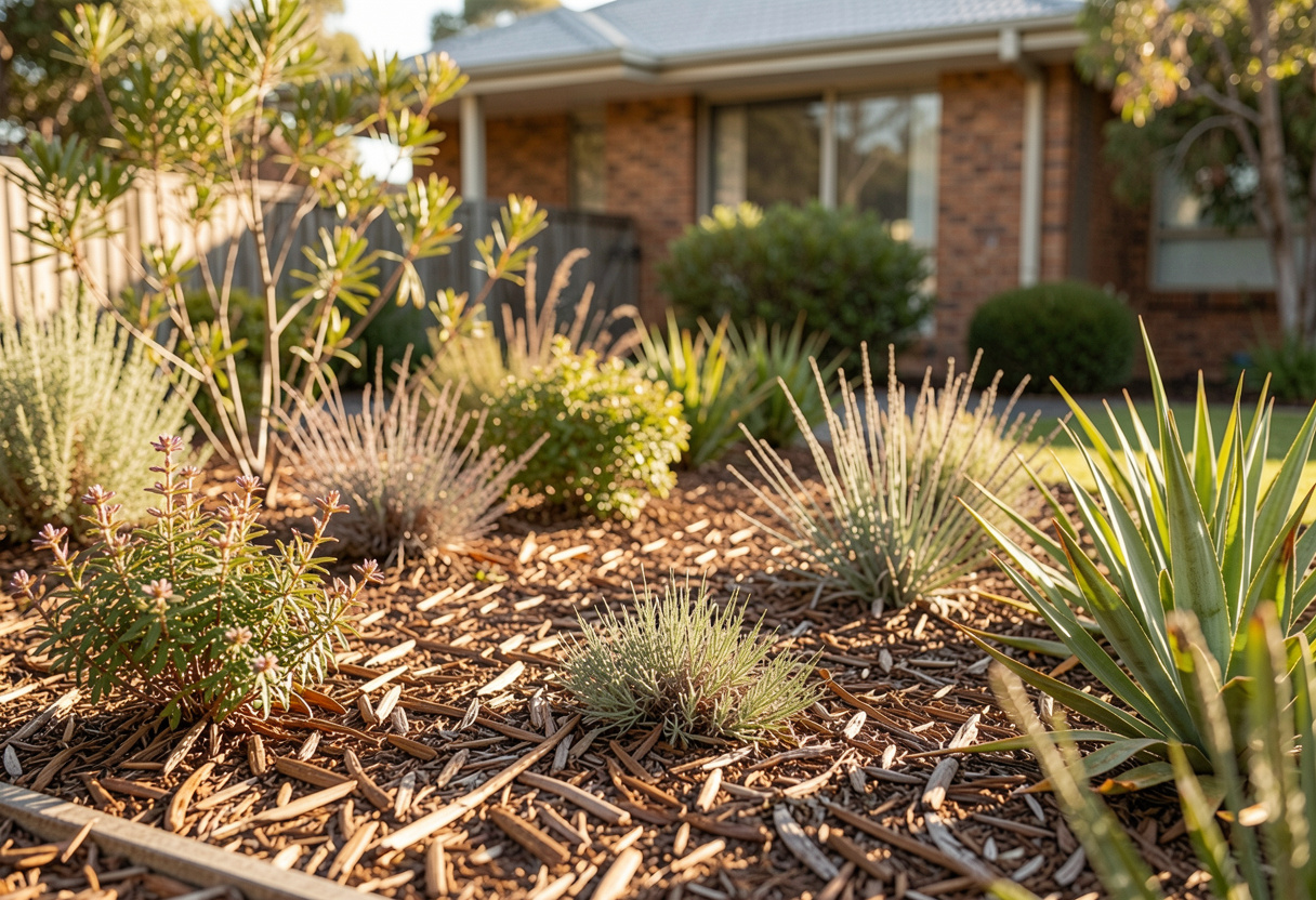 Mulched native garden bed with steel edging holding mulch in place in a Toowoomba front yard
