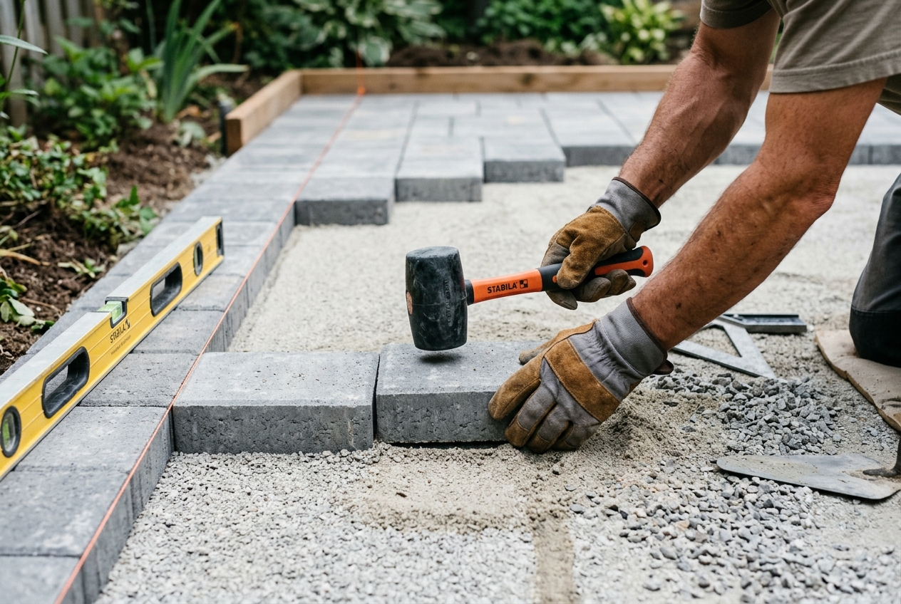 Landscaper's hands precisely laying and levelling a paver during patio installation in Toowoomba