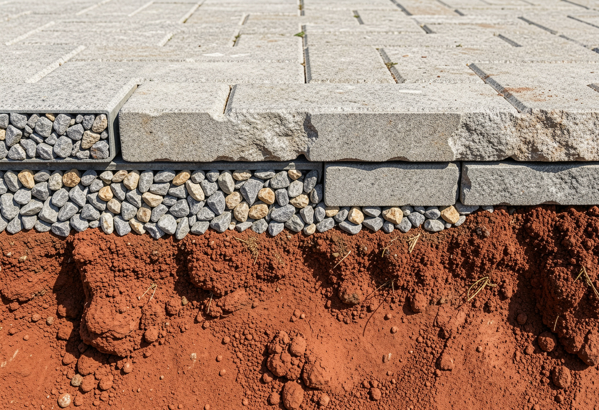 Cross-section of a paving base showing compacted road-base foundation over Toowoomba's reactive clay soil