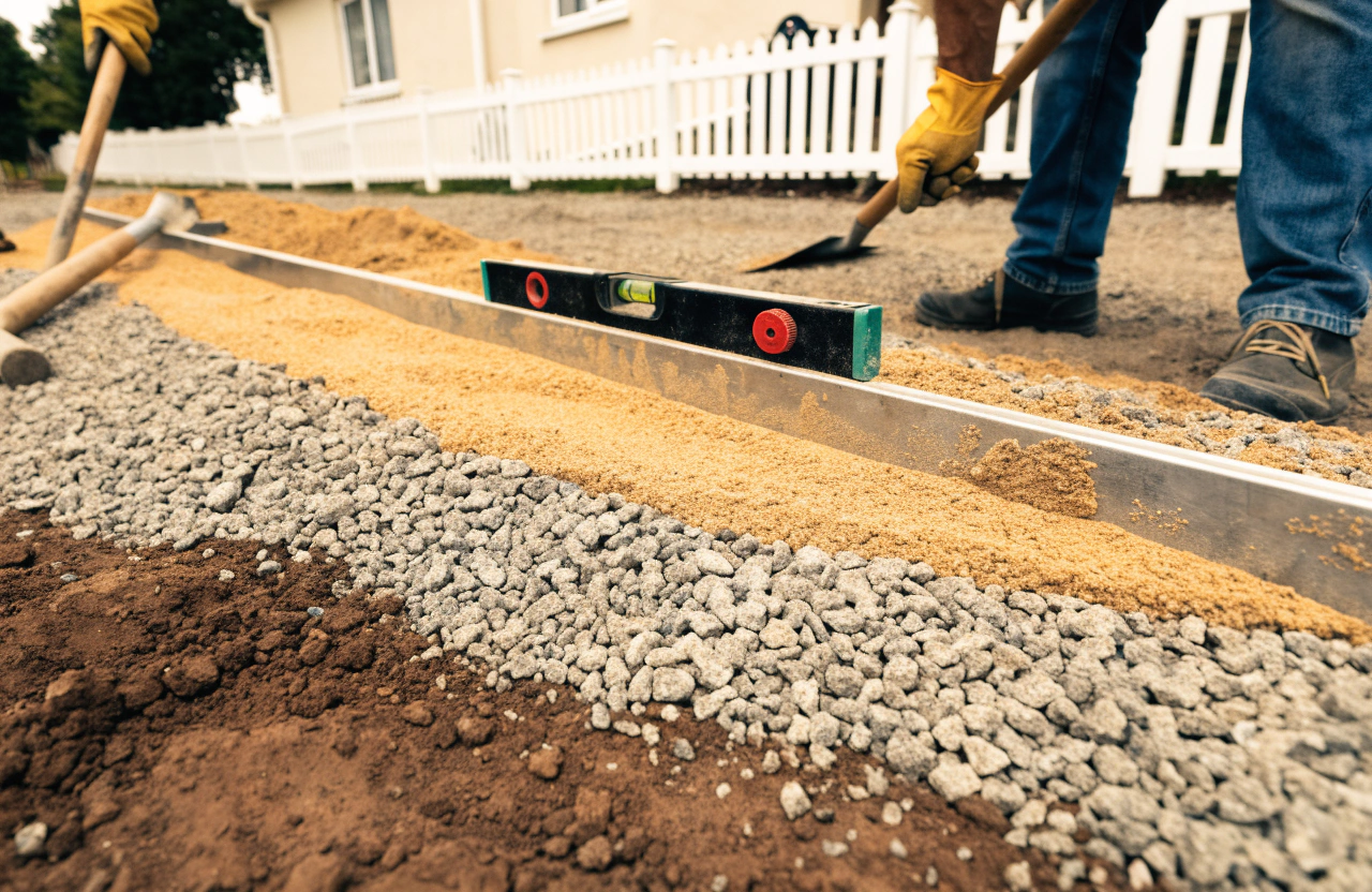 Paving crew laying and levelling a compacted road-base sub-layer before pavers go down in Toowoomba