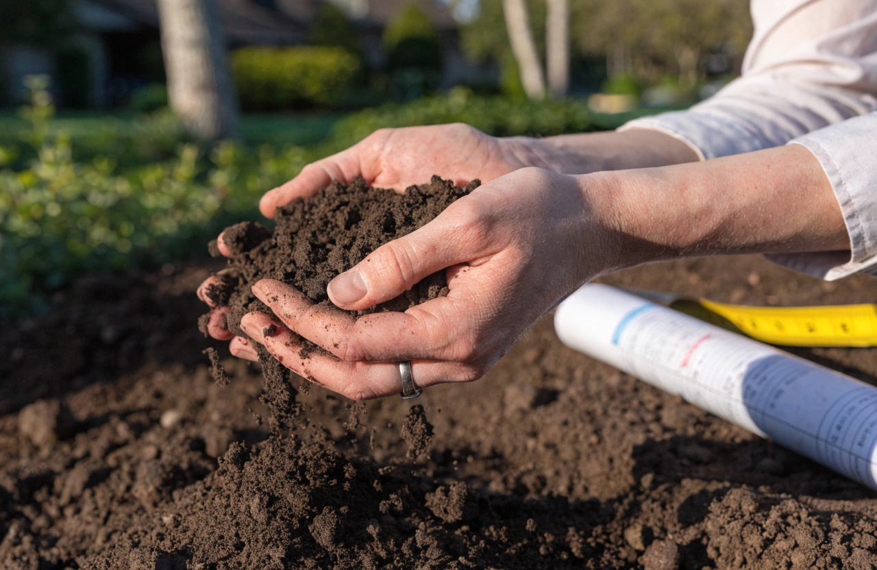 Landscape designer testing soil on site with rolled plans nearby