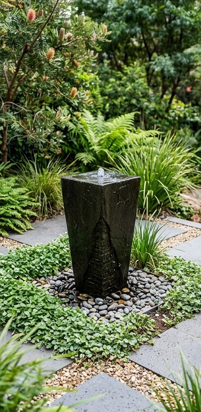Pondless disappearing water feature with river stones, safe for kids, in a Toowoomba backyard