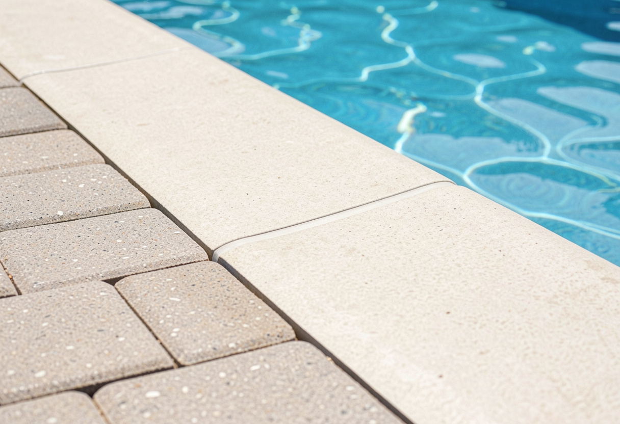 Close-up of neatly installed pool coping and pavers alongside the water's edge