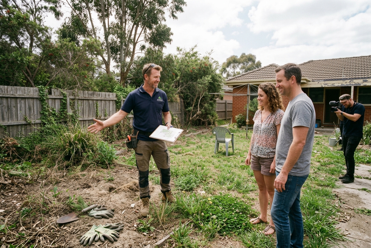 Professional landscaper consulting with homeowners on a garden makeover plan