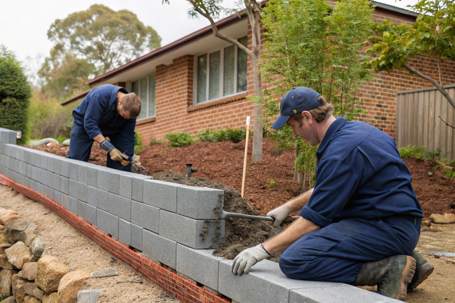 Local Landscaping QLD Toowoomba Co team building a retaining wall and garden bed in a Toowoomba backyard