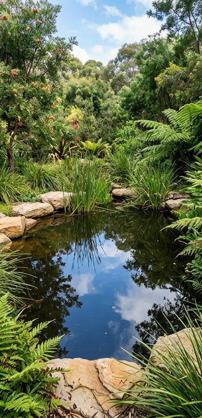 Still reflection pond edged with sandstone and native planting in a Toowoomba garden