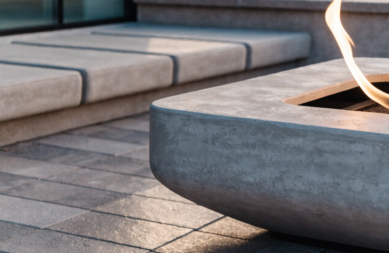 Close-up of a contemporary rendered concrete gas fire pit with a lit flame