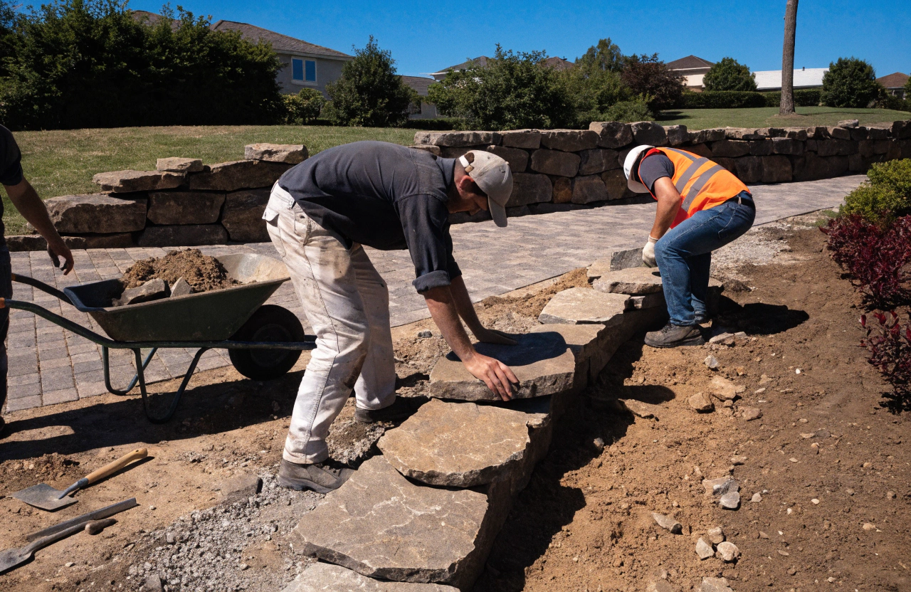 Close-up of retaining wall construction during a Toowoomba garden installation