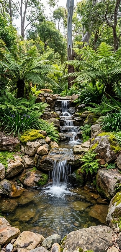 Rock cascade waterfall built into a sloped garden bed in Toowoomba