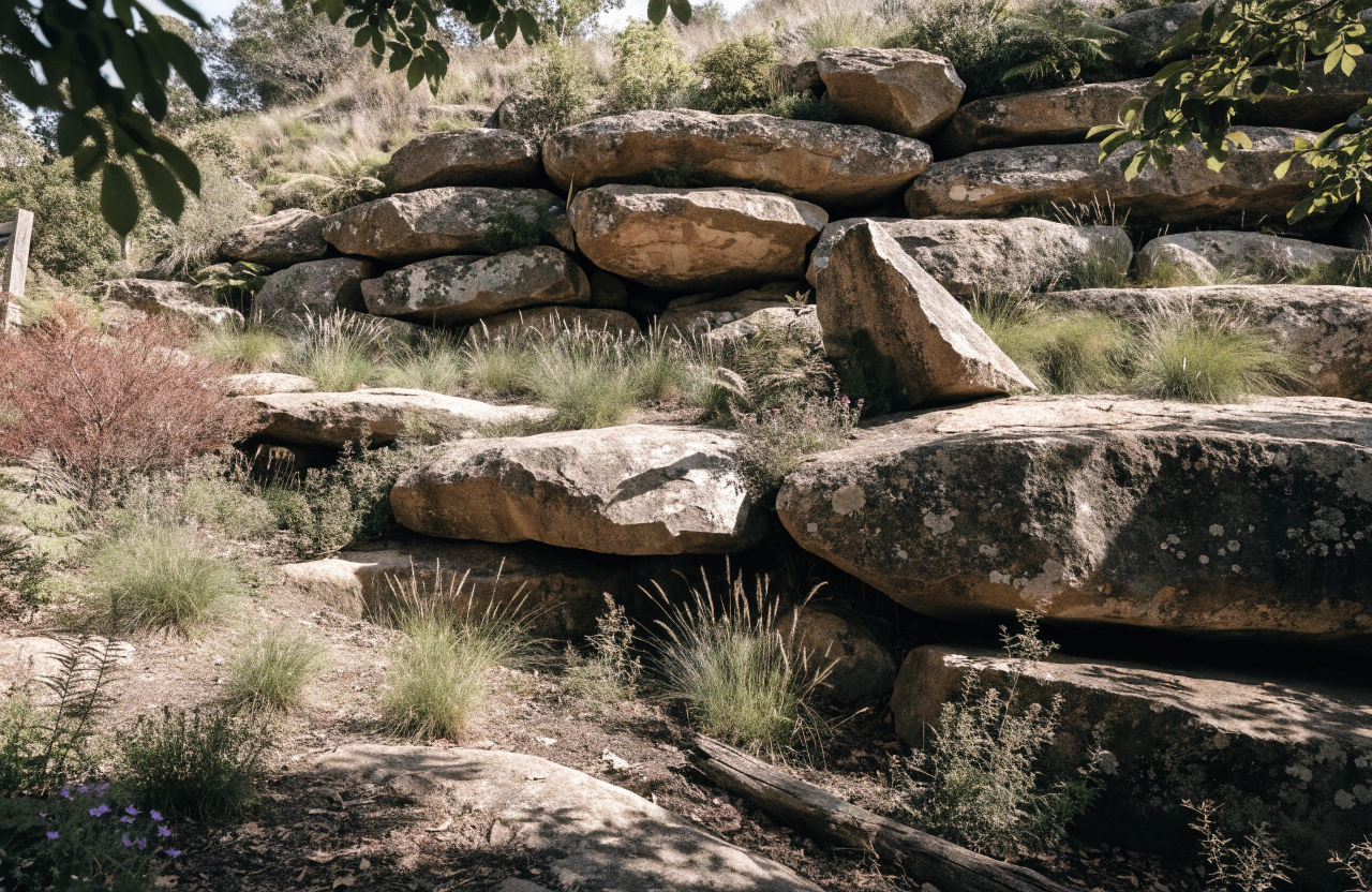 Rugged natural sandstone boulder retaining wall on a sloped Toowoomba garden