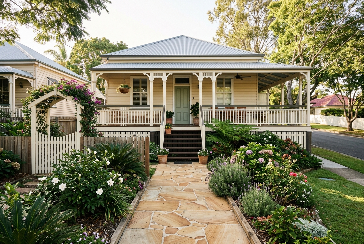 Sandstone pathway leading through a flowering front garden to a classic Queenslander home in Toowoomba