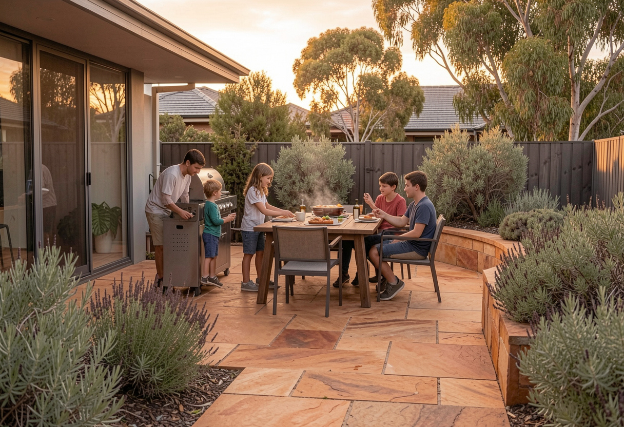 Family gathered around the BBQ on a warm sandstone patio in a Toowoomba backyard