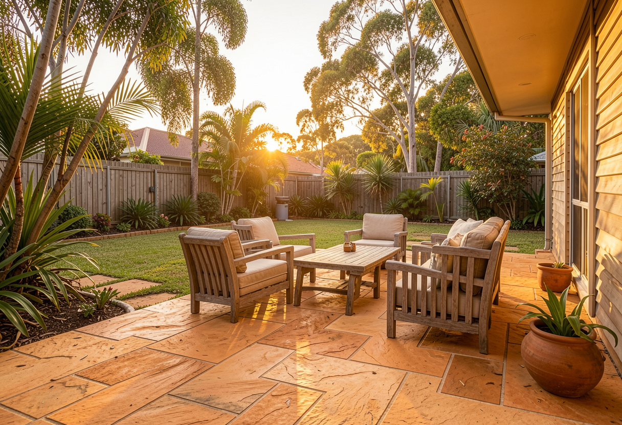 Paving service Toowoomba — natural stone patio with lounge seating at sunset