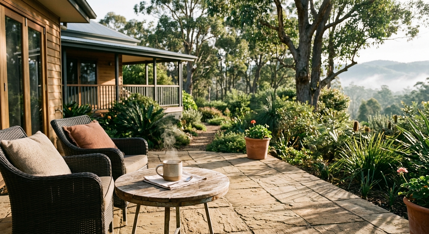 Steaming coffee mug on a sandstone patio table looking out over a Toowoomba garden at sunrise