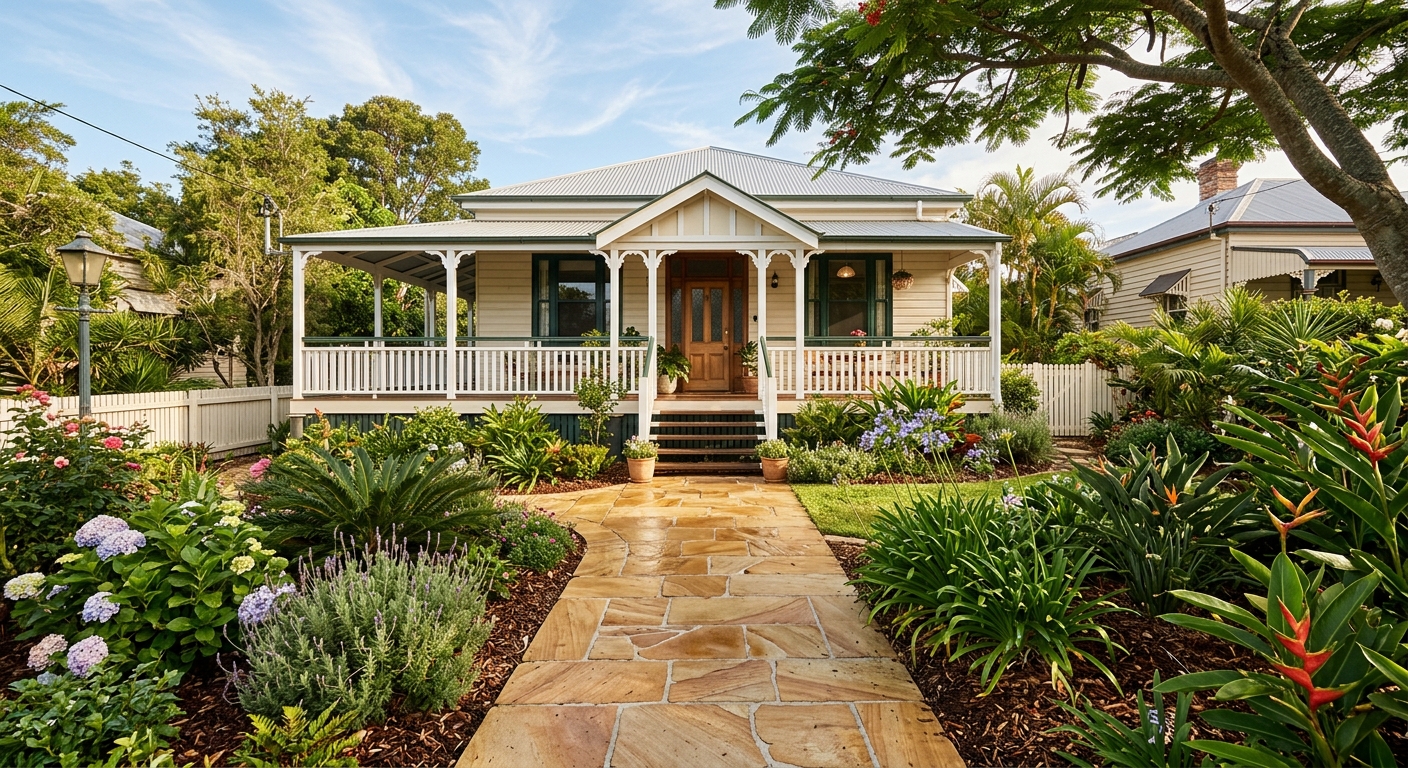 Warm honey-toned sandstone pathway leading to a classic Queenslander home in Toowoomba