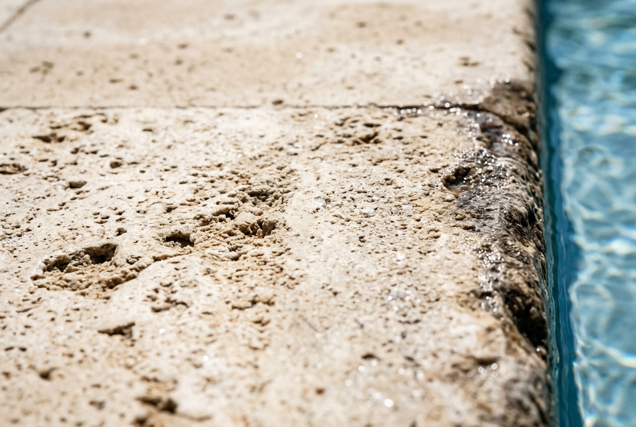 Close-up of textured sandstone pool pavers with water lapping the edge in strong midday sun