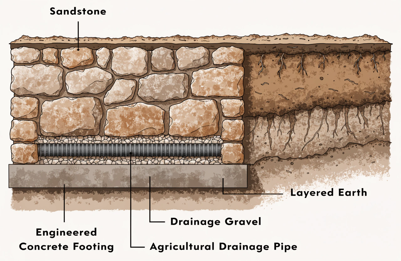 Cross-section diagram of a sandstone retaining wall showing engineered concrete footing, drainage gravel and agricultural drainage pipe
