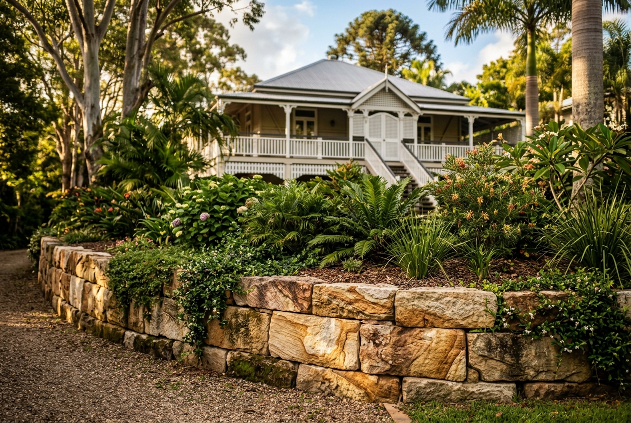Natural sandstone retaining wall with rich colour and grain in front of a Toowoomba Queenslander