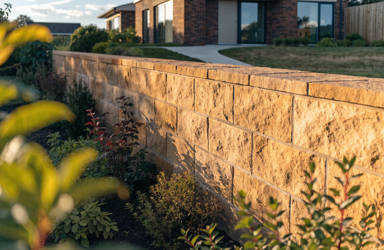 Beautifully constructed sawn sandstone block retaining wall in front of a modern Toowoomba home