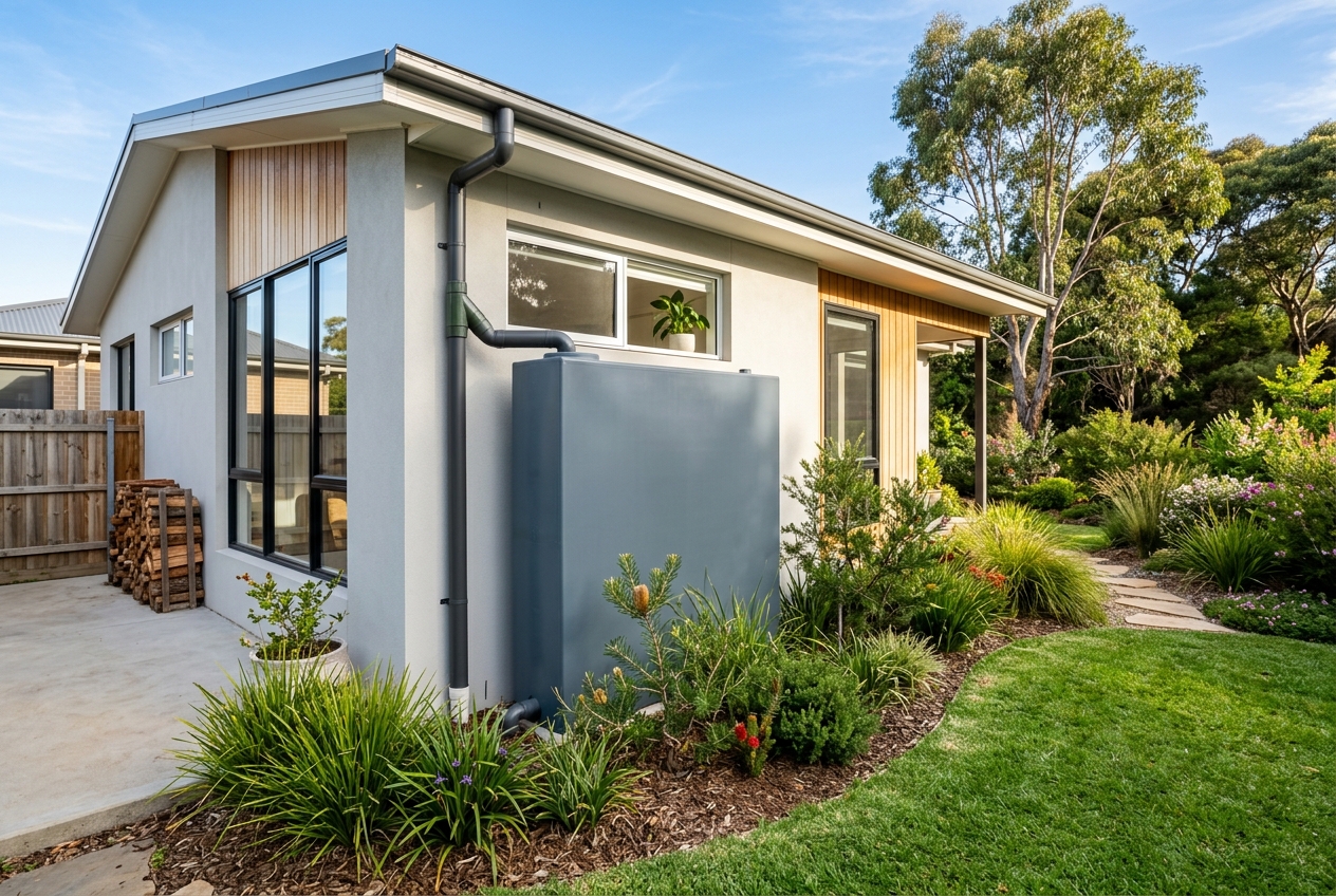 Slimline rainwater tank feeding an irrigation system in a Toowoomba backyard