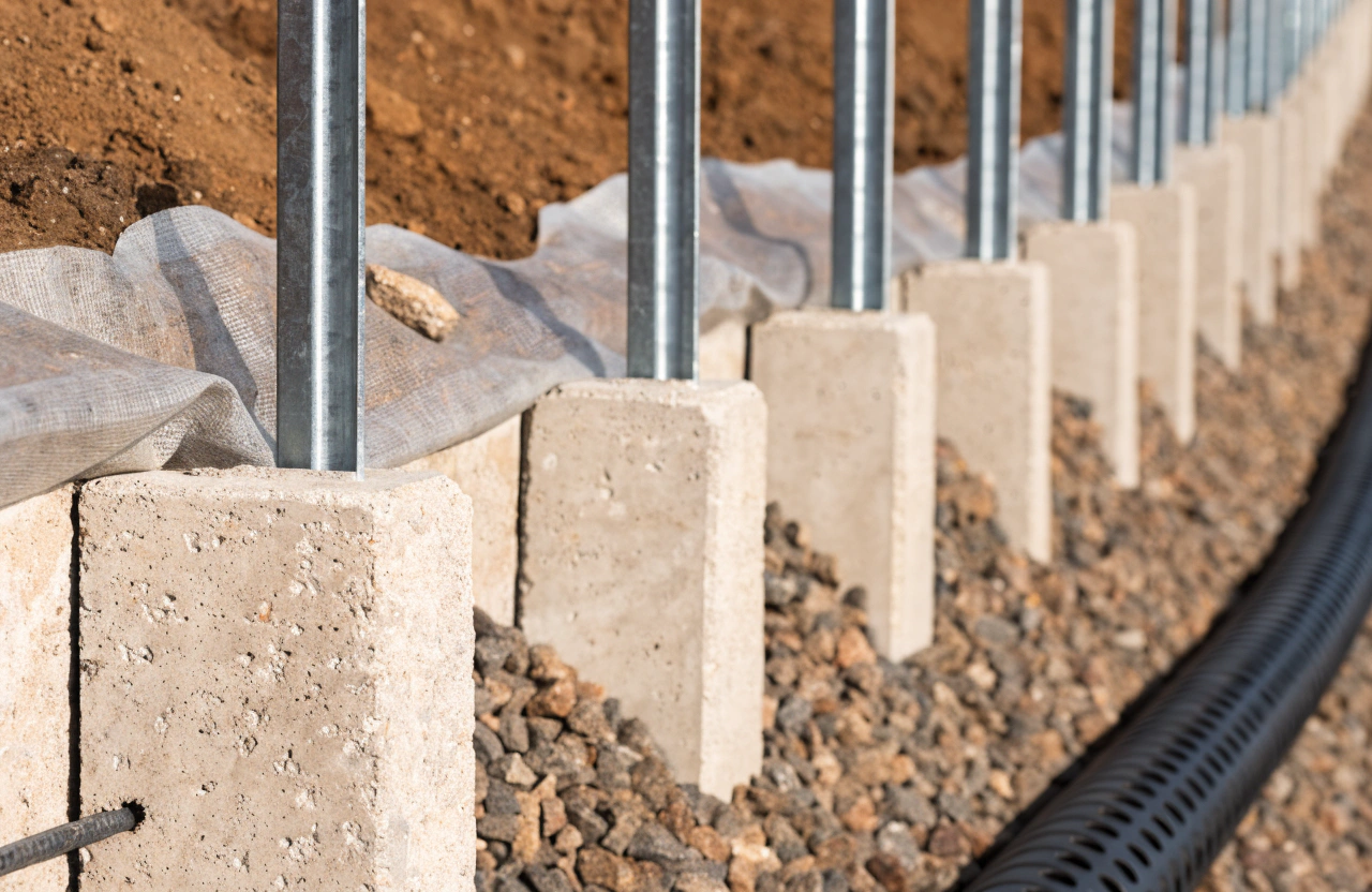 Close-up of concrete footings, geofabric and drainage pipe behind a sloping block retaining wall in Toowoomba