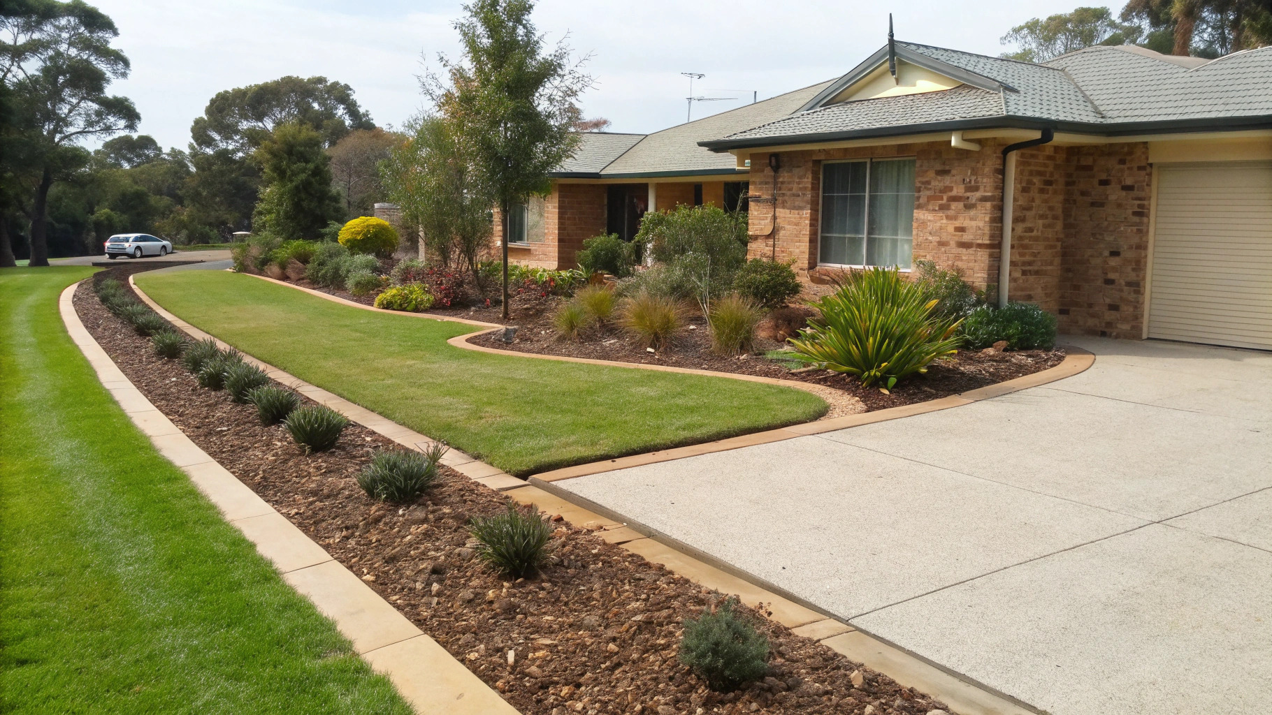 Completed front-yard landscaping with native garden bed and lawn edge in South Toowoomba