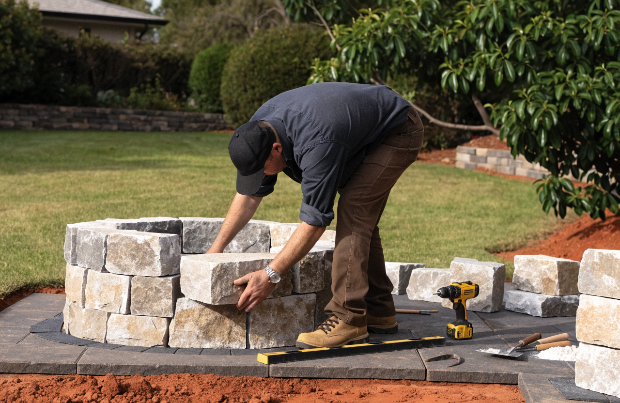 Landscaper carefully laying stacked-stone blocks during a fire pit construction in Toowoomba