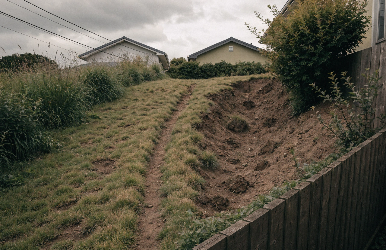Steep, unusable, eroded grassy slope in a Toowoomba backyard before retaining wall work