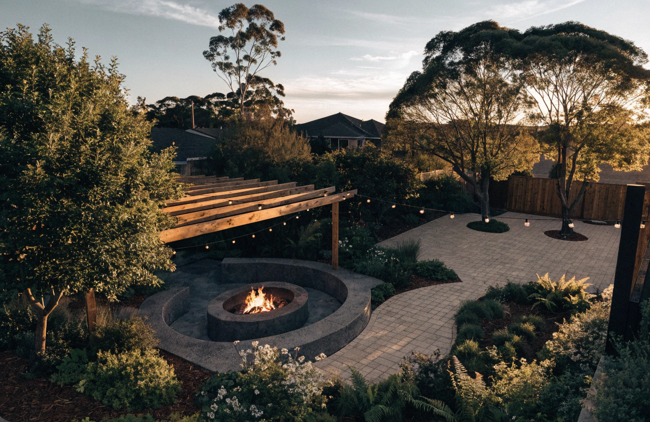 Sunken fire pit with built-in seating, paved entertaining area and pergola overhead at dusk