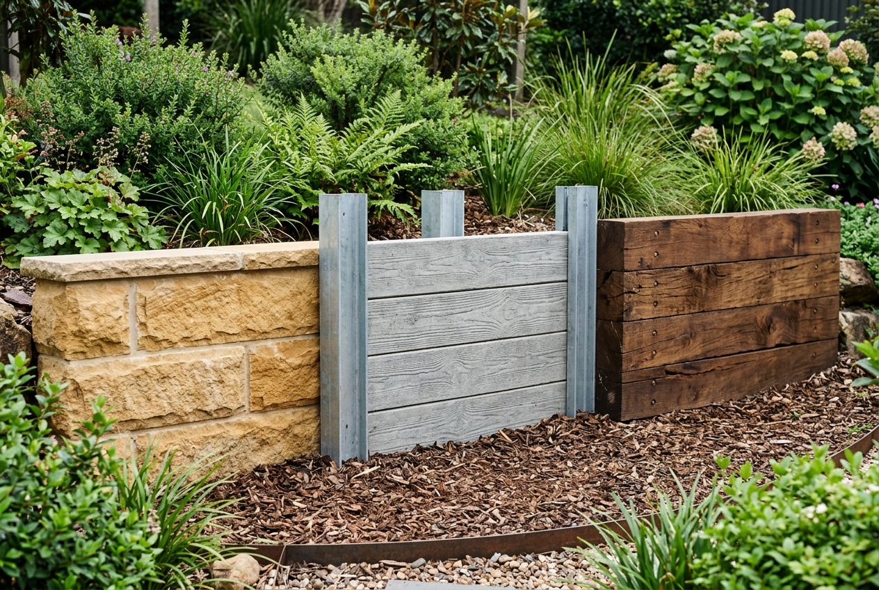 Sandstone, timber-look concrete sleeper and dark timber terrace wall materials shown side by side in a Toowoomba garden