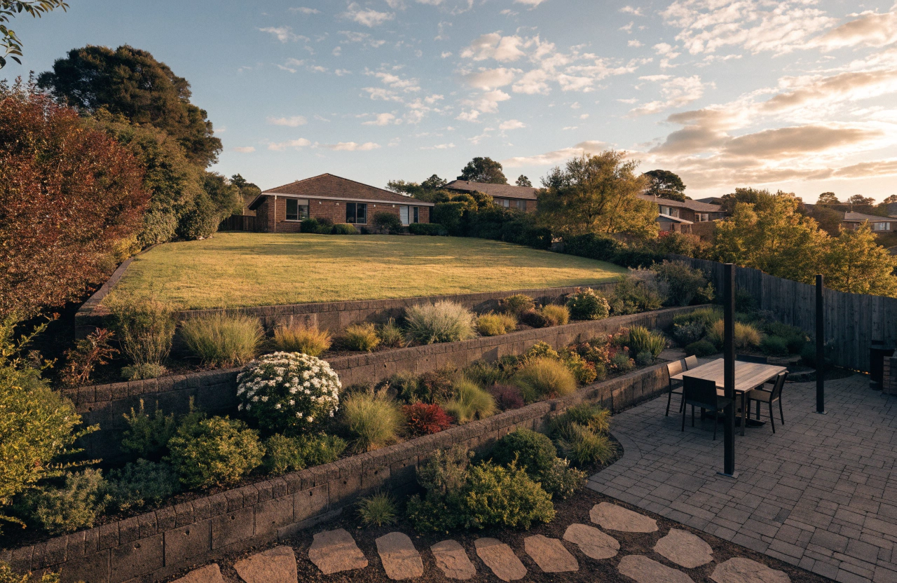 Beautifully terraced backyard on a formerly steep sloping block in Toowoomba, with lawn, garden beds and an entertaining area