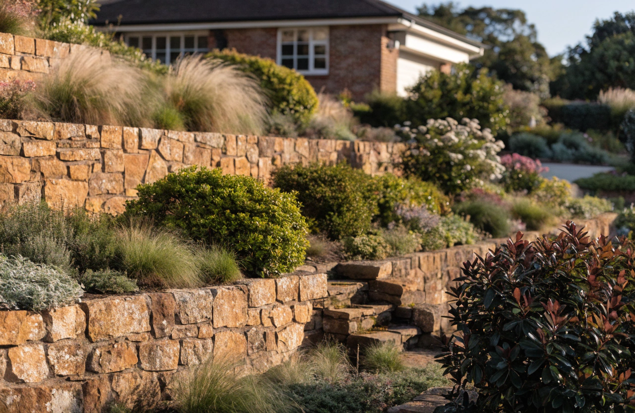 Multi-level terraced garden with sandstone retaining walls, steps and established planting in a Toowoomba backyard