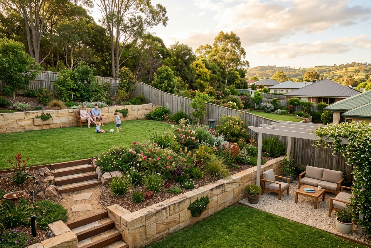 Terraced backyard on a sloping block with sandstone retaining walls in Toowoomba