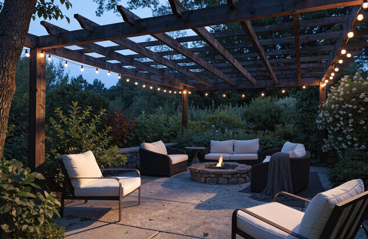 Timber pergola with string lights over an outdoor lounge and fire pit in the evening