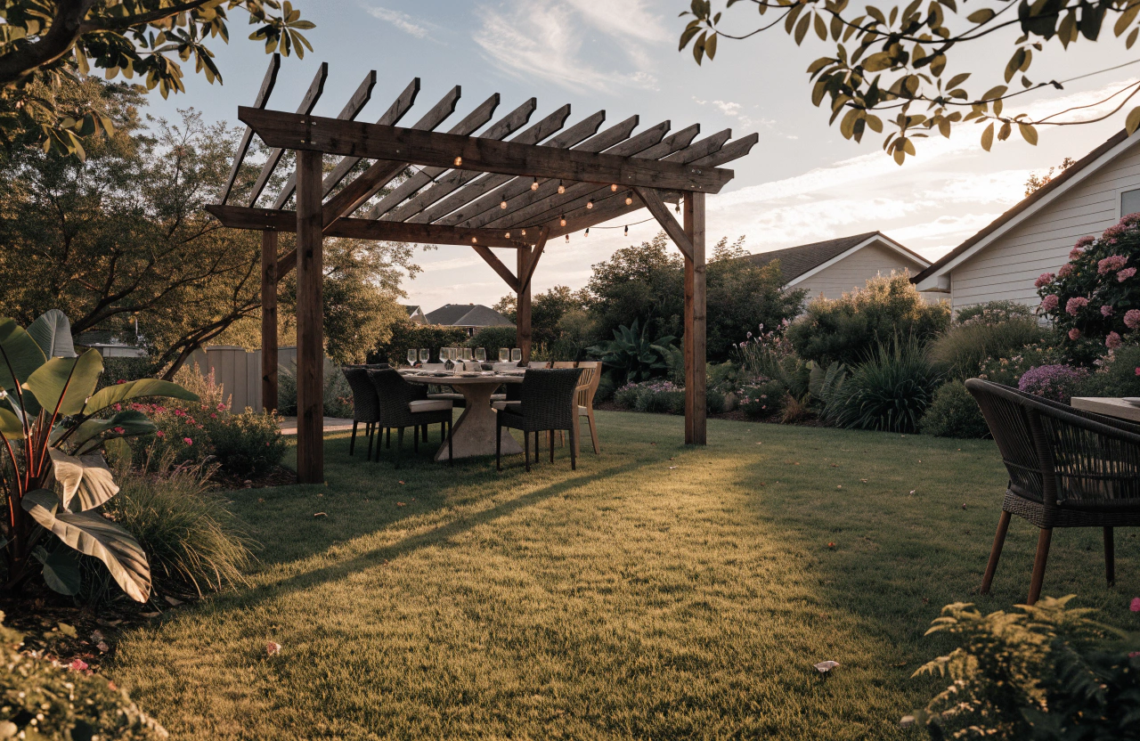 Timber pergola over an outdoor dining setting in a Toowoomba backyard at golden hour