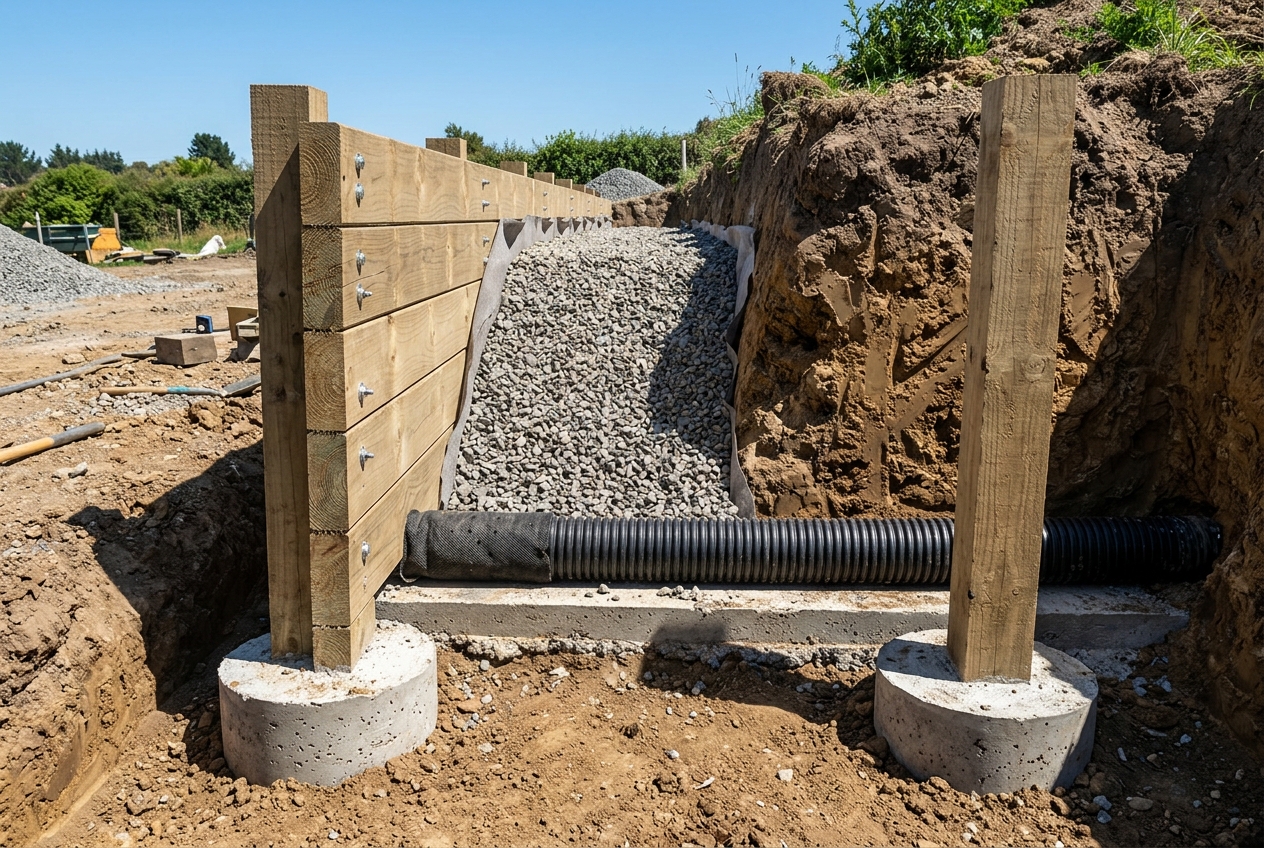 Construction of a timber retaining wall showing concrete post footings, drainage aggregate and ag-pipe behind the sleepers