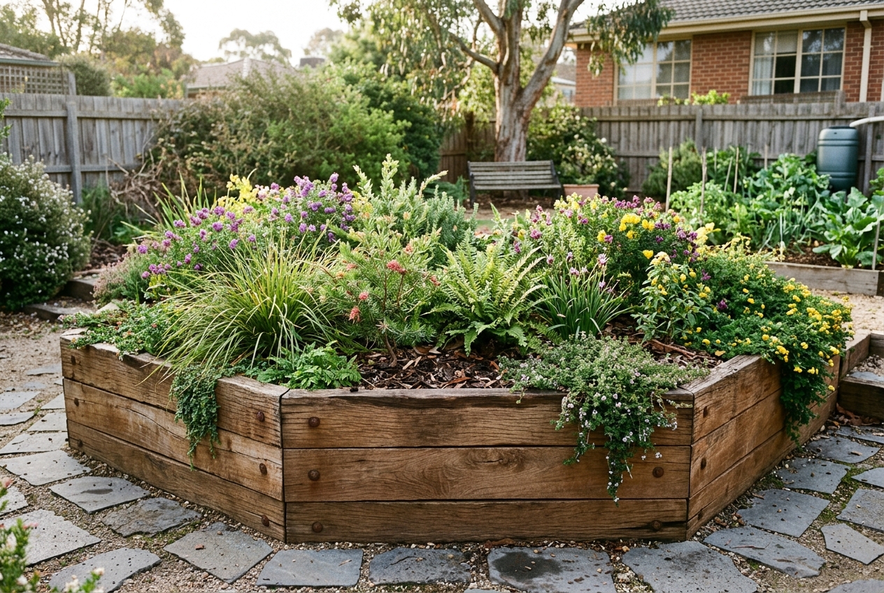 Timber retaining wall built from treated hardwood sleepers in a Toowoomba garden