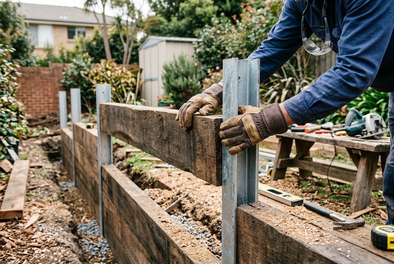 Installer fixing a galvanised steel post to a hardwood sleeper during a timber retaining wall build in Toowoomba