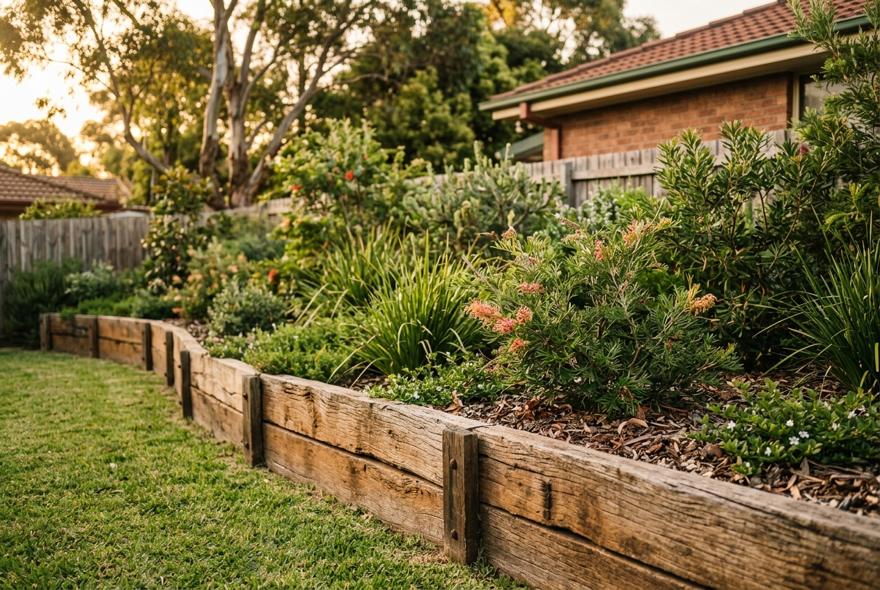 Curved timber sleeper garden bed retaining wall with native planting in a Toowoomba backyard at golden hour