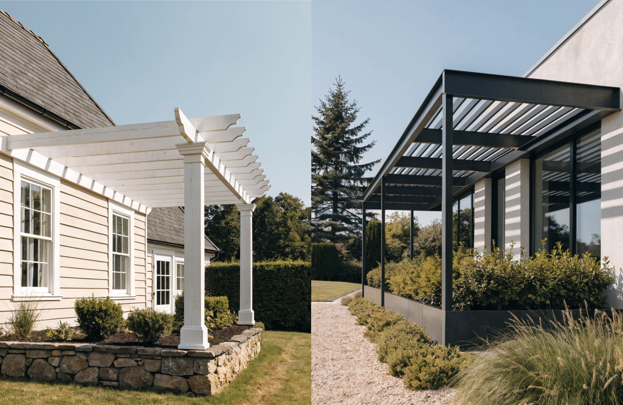 Side-by-side comparison of a classic white timber pergola and a modern black louvred steel and aluminium pergola