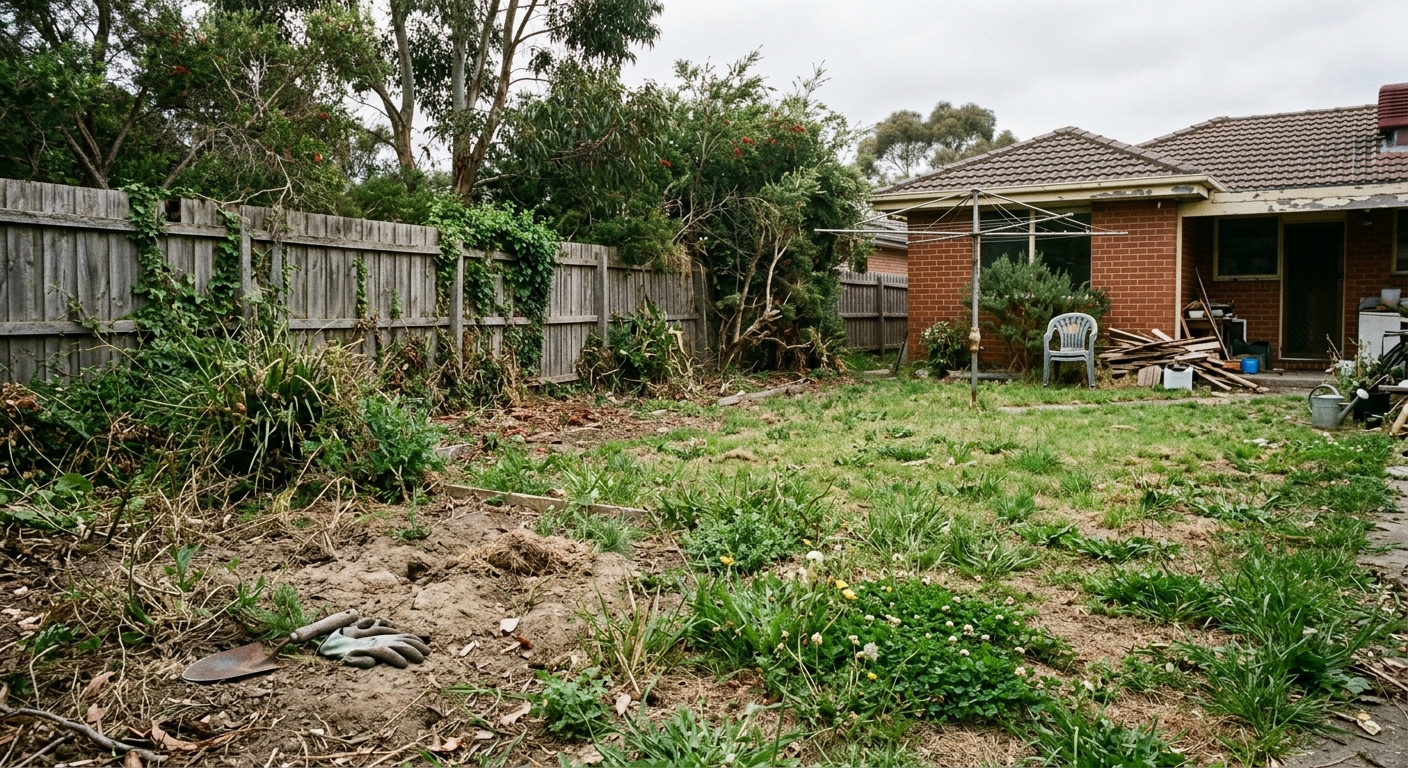 Patchy, overgrown backyard lawn in Toowoomba before turf installation
