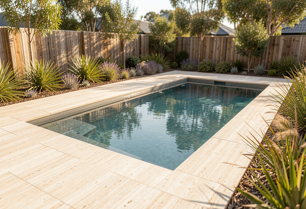 Travertine pool surround paving in a modern Toowoomba backyard